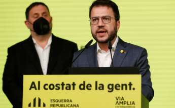 El candidato de ERC, Pere Aragonès, y Oriol Junqueras en una comparecencia el 14 de febrero de 2021 para valorar los resultados de las elecciones catalanas | EFE/AE