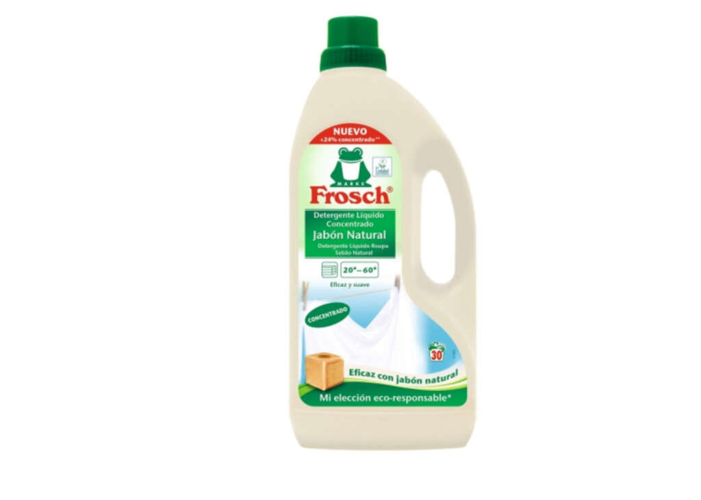 Detergente líquido concentrado jabón natural ecológico Frosch 1,5 litros vendido en Carrefour, el más respetuoso con el medio ambiente según la OCU
