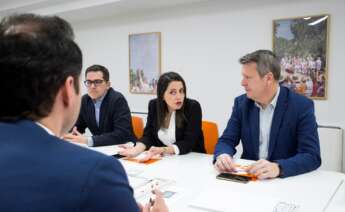 La presidenta de Ciudadanos, Inés Arrimadas, acomapañada por José María Espejo-Saavedra y Carlos Cuadrado durante una reunión del partido en marzo de 2020 | EFE/LP/Archivo