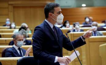 El presidente del Gobierno, Pedro Sánchez, durante la sesión de control al Gobierno en el pleno del Senado, el 13 de abril de 2021 | EFE/KH