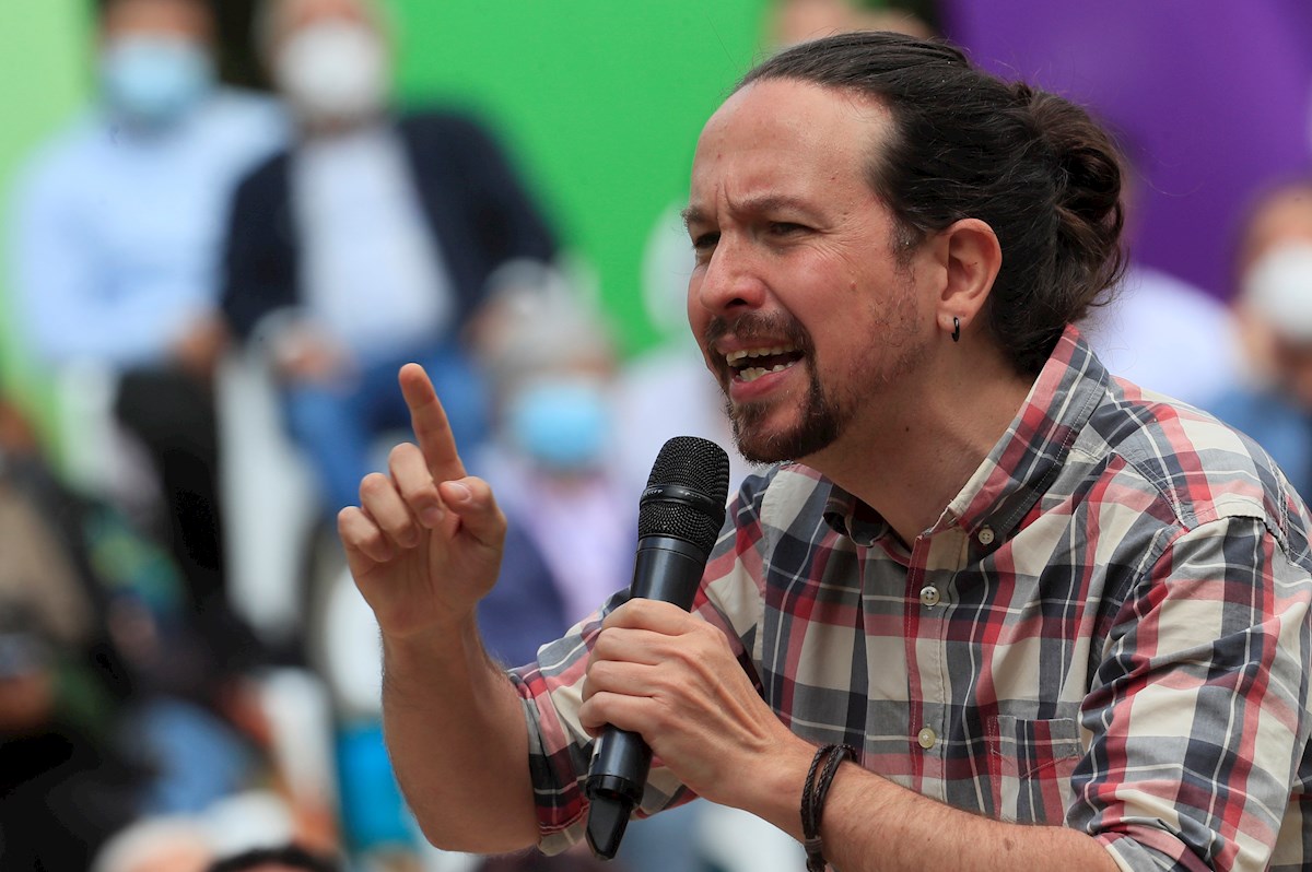 El candidato a la presidencia a la Comunidad de Madrid por Unidas Podemos, Pablo Iglesias durante un acto electoral del partido en el Parque de Olof Palme en Madrid este viernes. EFE/Fernando Alvarado