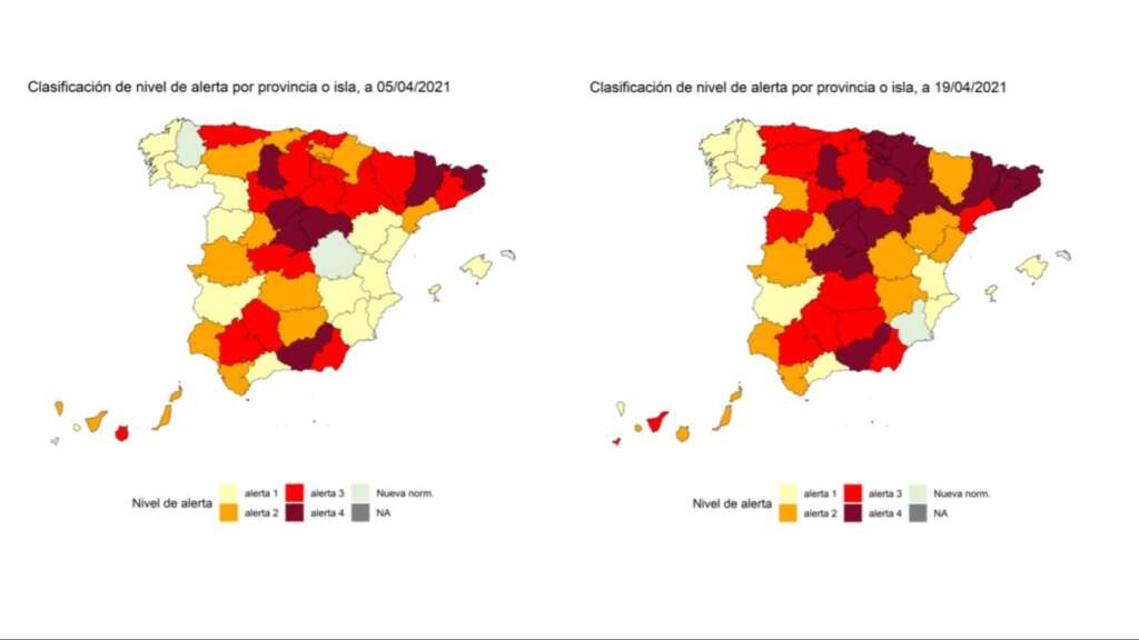 Evolución del número de provincias en riesgo por coronavirus en las últimas semanas./ Ministerio de Sanidad