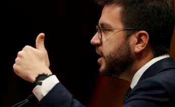 El candidato de ERC a la presidencia de la Generalitat, Pere Aragonès, durante su intervención en la primera jornada del debate de su investidura en el Parlament de Cataluña. EFE/Alberto Estévez/POOL