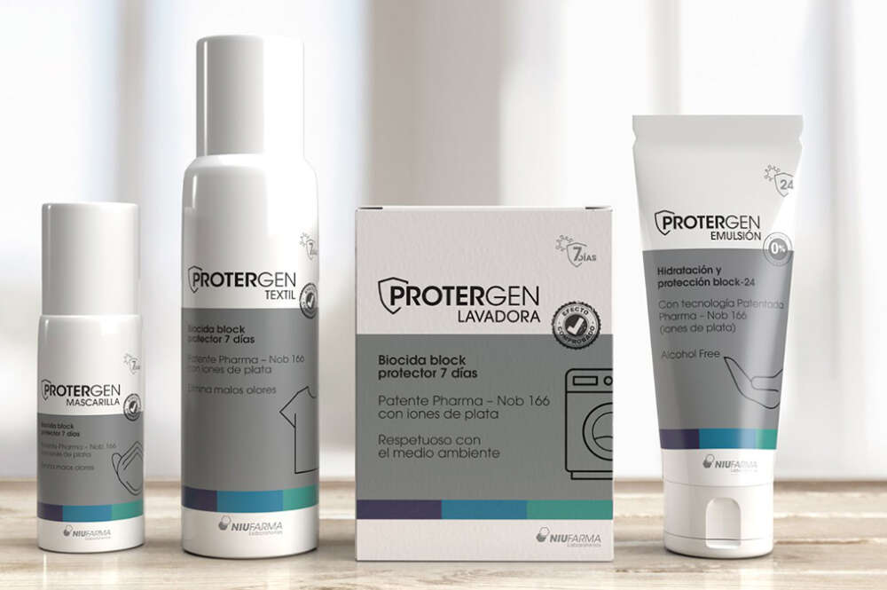 La gama 'Protergen' se compone de 'Protergen Mascarillas', 'Protergen Emulsión', 'Protergen Lavadoras' y 'Protergen Textil'.
