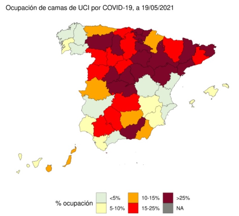 Mapa de la ocupación de las camas UCI por provincias hasta el 19 de mayo./ Ministerio de Sanidad