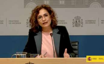 La ministra de Hacienda, María Jesús Montero, en la rueda de prensa para presentar los componentes de su departamento del Plan de Recuperación.