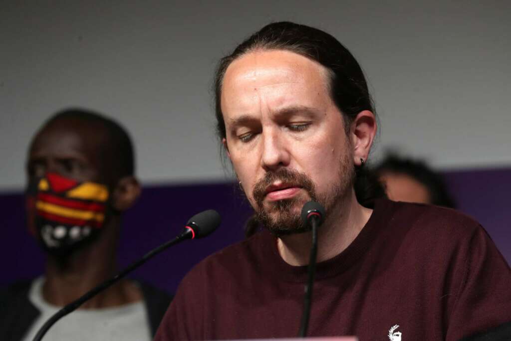 El líder de Unidas Podemos y candidato a la presidencia de la Comunidad de Madrid, Pablo Iglesias, comparece ante los medios hoy martes en la sede del partido, en Madrid, tras conocer los resultados de las elecciones autonómicas. EFE/Kiko Huesca