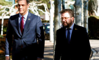 Imagen de archivo de Pedro Sánchez y Pere Aragonès, llegando a la primera reunión de la mesa de diálogo./ EFE