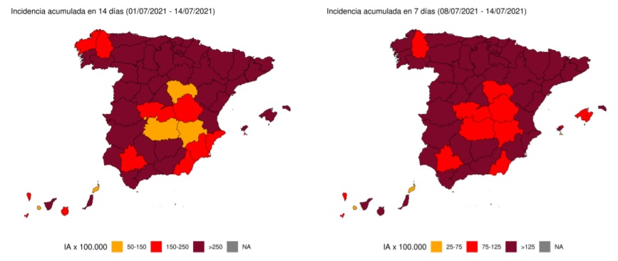 Datos de incidencia acumulada por provincias hasta el 14 de julio./ Ministerio de Sanidad