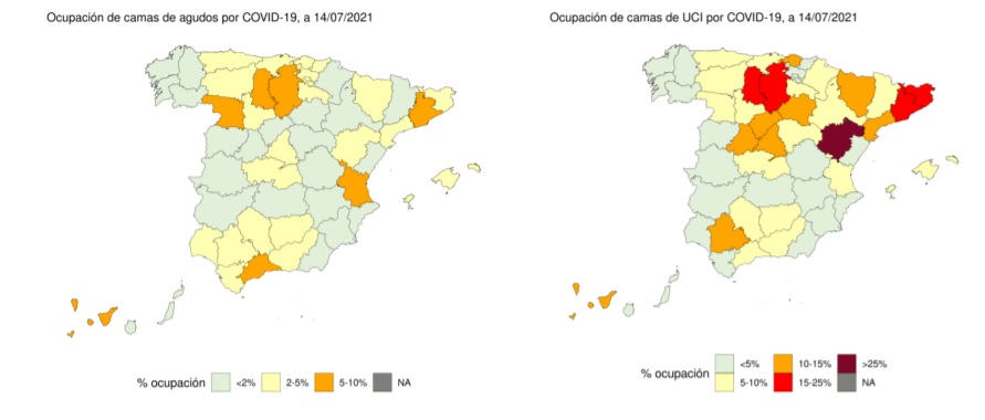 Datos de presión hospitalaria por provincias hasta el 14 de julio./ Ministerio de Sanidad