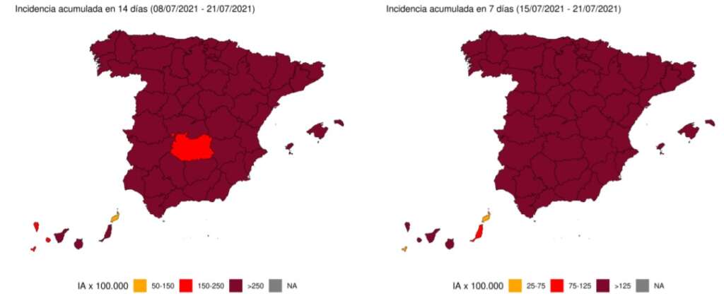 Incidencia acumulada por provincias hasta el 21 de julio