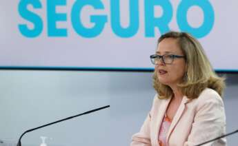 La vicepresidenta segunda, Nadia Calviño, en la rueda de prensa posterior al Consejo de Ministros. EFE