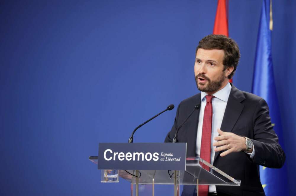 El presidente del Partido Popular, Pablo Casado, hace balance del curso político en la sede de la formación, en Madrid. EFE/ Zipi