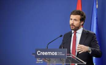 El presidente del Partido Popular, Pablo Casado, hace balance del curso político en la sede de la formación, en Madrid. EFE/ Zipi