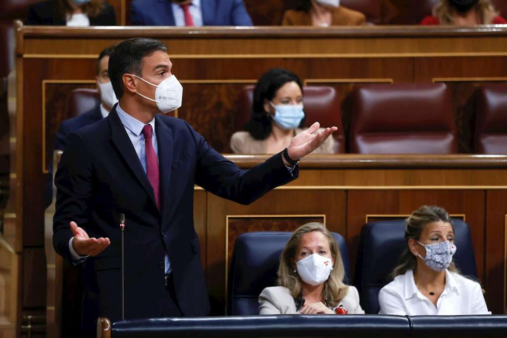 El presidente del Gobierno, Pedro Sánchez (i), interviene en la sesión de control al Gobierno celebrada este miércoles en el Congreso. EFE/Juan Carlos Hidalgo