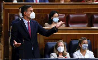 El presidente del Gobierno, Pedro Sánchez (i), interviene en la sesión de control al Gobierno celebrada este miércoles en el Congreso. EFE/Juan Carlos Hidalgo