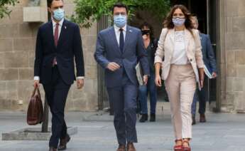 El Govern se desmarca de la manifestación en contra de la ampliación del aeropuerto de El Prat. En la imagen, Pere Aragonès, Laura Vilagrà y Roger Torrent. EFE/Quique García