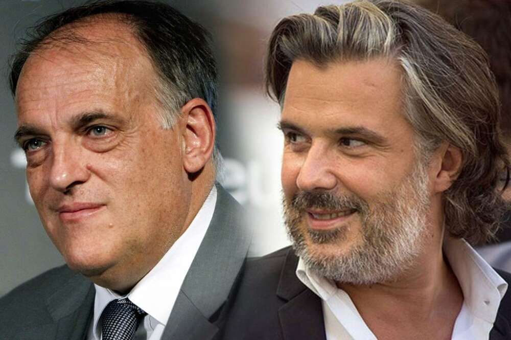 El presidente de LaLiga, Javier Tebas (izquierda), y el presidente de la Liga de Fútbol Profesional francesa (LFP), Vincent Labrune