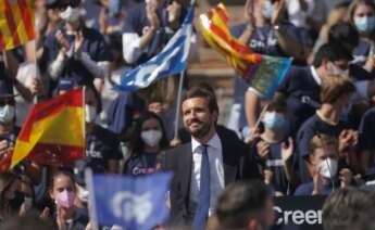 El líder del PP, Pablo Casado, en el cierre de la Convención Nacional del partido en Valencia. Foto: Tarek/PP