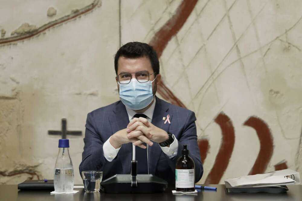 El presidente de la Generalitat, Pere Aragonés, durante la reunión semanal del Govern. EFE/Andreu Dalmau