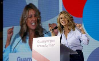 La vicepresidenta segunda del Gobierno, Yolanda Díaz, interviene en la III asamblea nacional de los comunes. EFE/ Toni Albir