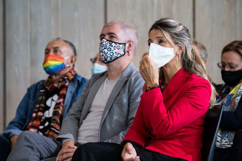 Yolanda Díaz, Pepe Álvarez y Unai Sordo en un acto. Foto: EFE