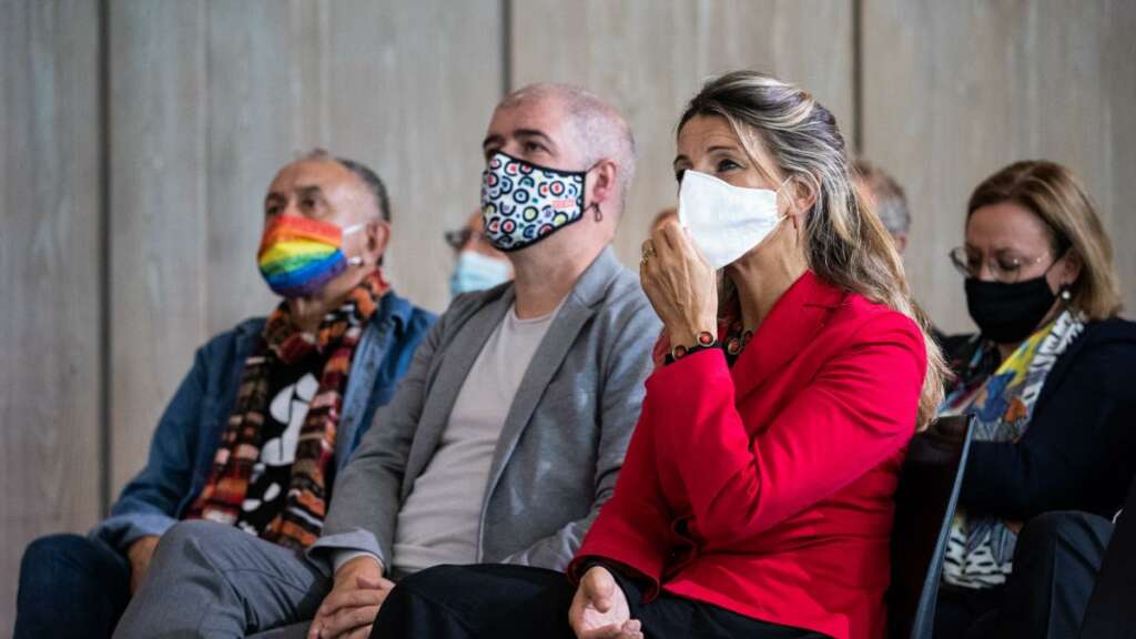 Yolanda Díaz, Pepe Álvarez y Unai Sordo en un acto. Foto: EFE