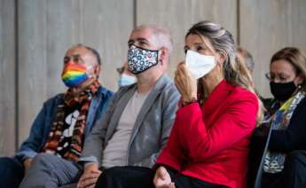 Yolanda Díaz, Pepe Álvarez y Unai Sordo en un acto. Foto: EFE