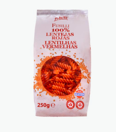 Los Fusilli 100% lentejas rojas Felicia que venden en Mercadona