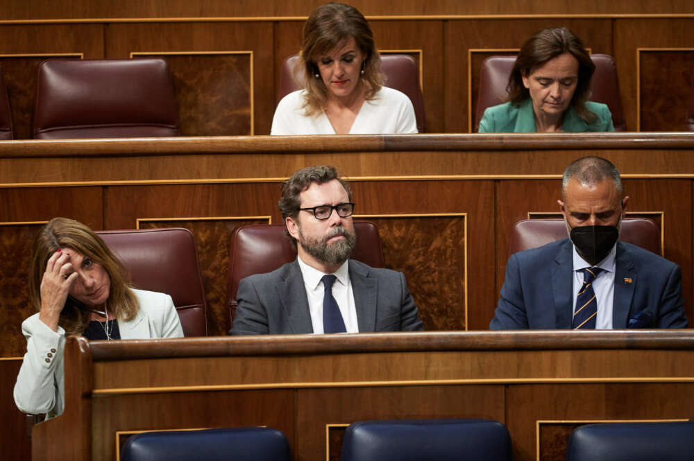MADRID, 24/05/2022.- El portavoz parlamentario de Vox, Iván Espinosa de los Monteros (c), asiste a la sesión plenaria del Congreso de los Diputados celebrada este martes en Madrid. EFE/ Miguel Osés