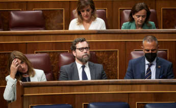 MADRID, 24/05/2022.- El portavoz parlamentario de Vox, Iván Espinosa de los Monteros (c), asiste a la sesión plenaria del Congreso de los Diputados celebrada este martes en Madrid. EFE/ Miguel Osés