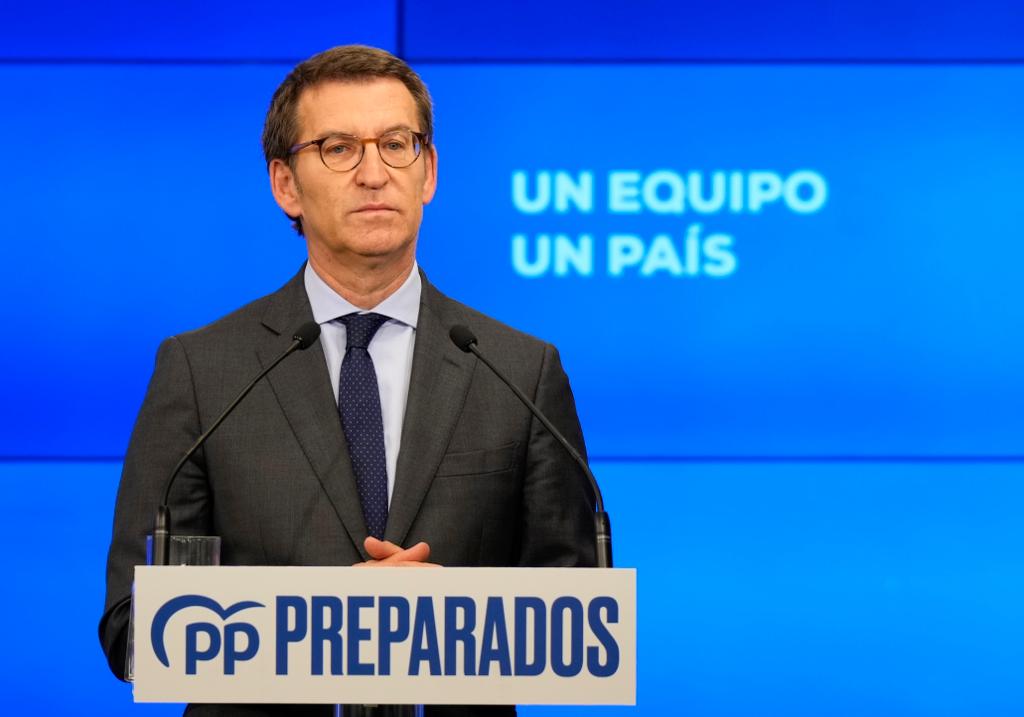 Alberto Núñez Feijóo durante su intervención ante el Comité Ejecutivo del PP de este lunes. Tarek.