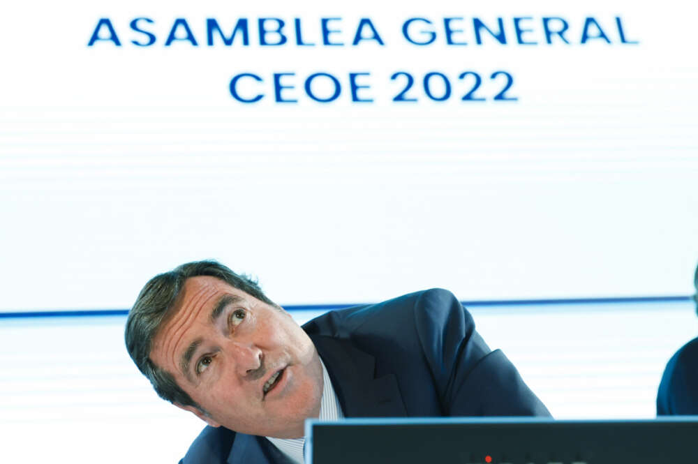 El presidente de la Confederación Española de Organizaciones Empresariales (CEOE), Antonio Garamendi, durante su asistencia a la Asamblea General de la institución, celebrada este miércoles, en Madrid. EFE/ Chema Moya