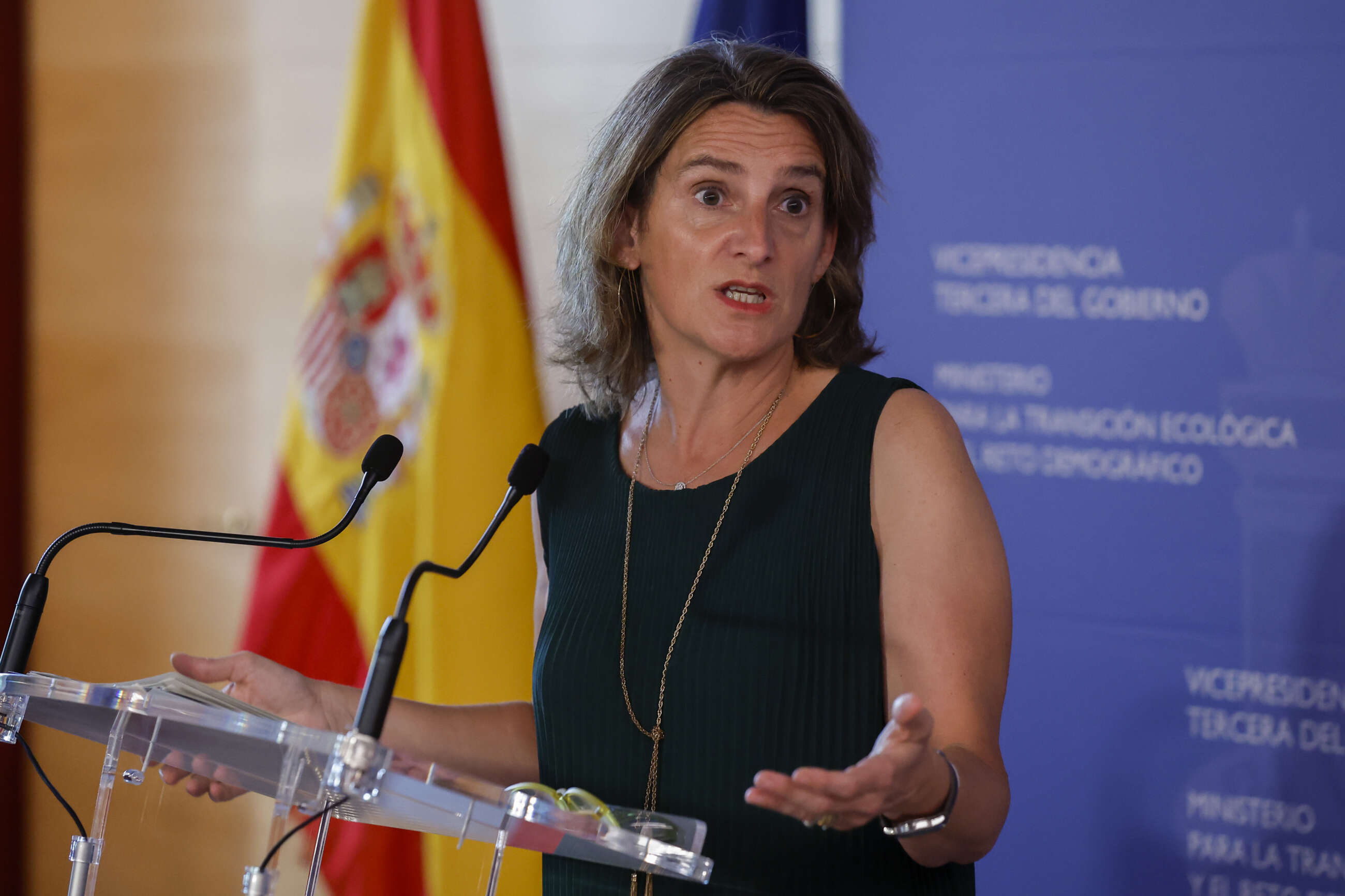 MADRID, 08/08/2022.- La ministra para la Transición Ecológica y el Reto Demográfico, Teresa Ribera, atiende a la prensa tras la reunión telemática con los responsables autonómicos en las áreas de Energía, Industria y Comercio y la Federación Española de Municipios y Provincias (FEMP) para analizar los detalles del plan de ahorro, este lunes en Madrid. EFE/ Chema Moya