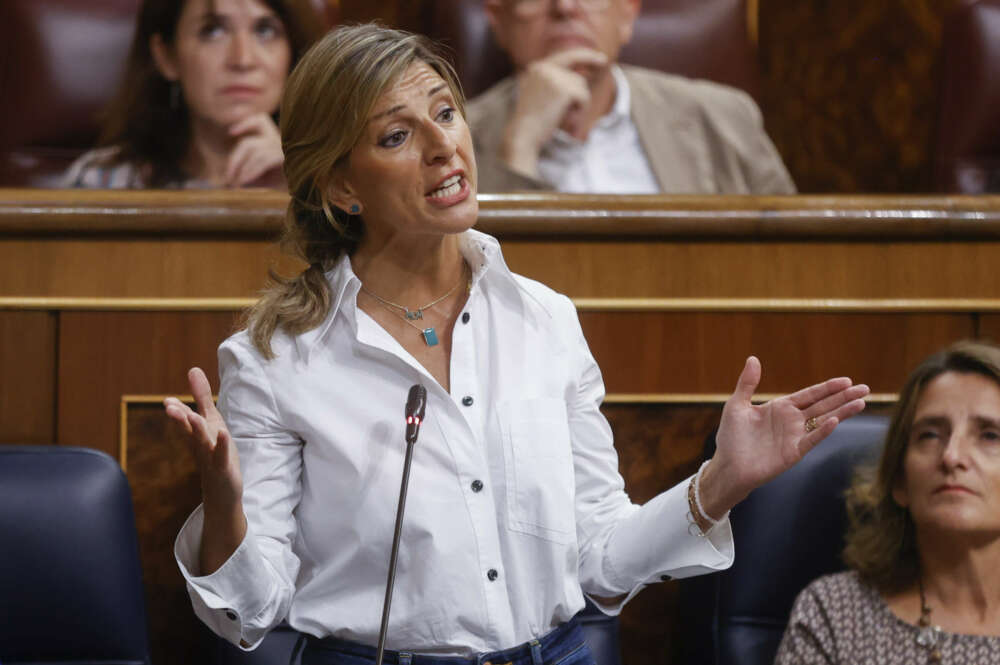 GRAF1065. MADRID, 21/09/2022.- La vicepresidenta segunda del Gobierno y ministra de Trabajo, Yolanda Díaz, interviene durante la sesión de control en el Congreso de los diputados este miércoles, en Madrid. EFE/ Juan Carlos Hidalgo