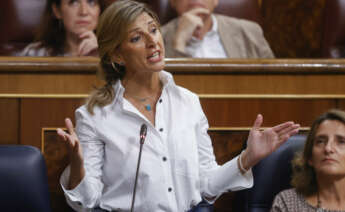 GRAF1065. MADRID, 21/09/2022.- La vicepresidenta segunda del Gobierno y ministra de Trabajo, Yolanda Díaz, interviene durante la sesión de control en el Congreso de los diputados este miércoles, en Madrid. EFE/ Juan Carlos Hidalgo