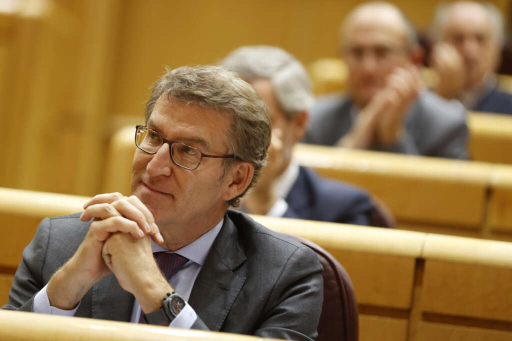 El líder del PP, Alberto Núñez Feijóo, durante la sesión de control al Gobierno celebrada en la Cámara Alta, este martes en Madrid. EFE/ Mariscal