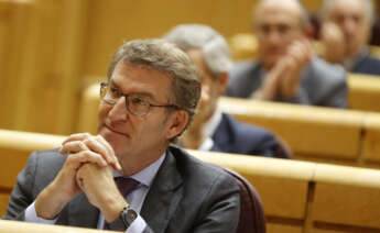 El líder del PP, Alberto Núñez Feijóo, durante una sesión de control al Gobierno celebrada en la Cámara Alta. EFE/ Mariscal