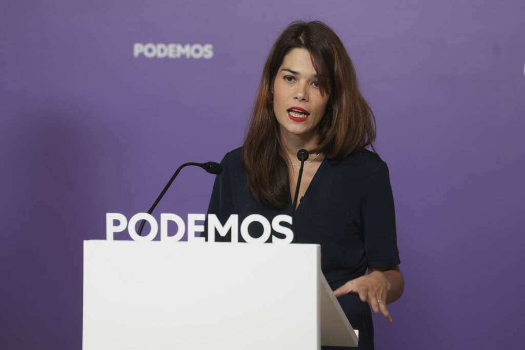 MADRID, 03/10/2022.- La portavoz de Podemos, Isa Serra durante la rueda de prensa ofrecida este lunes en la sede de la formación, en Madrid. EFE/ Borja Sanchez-trillo