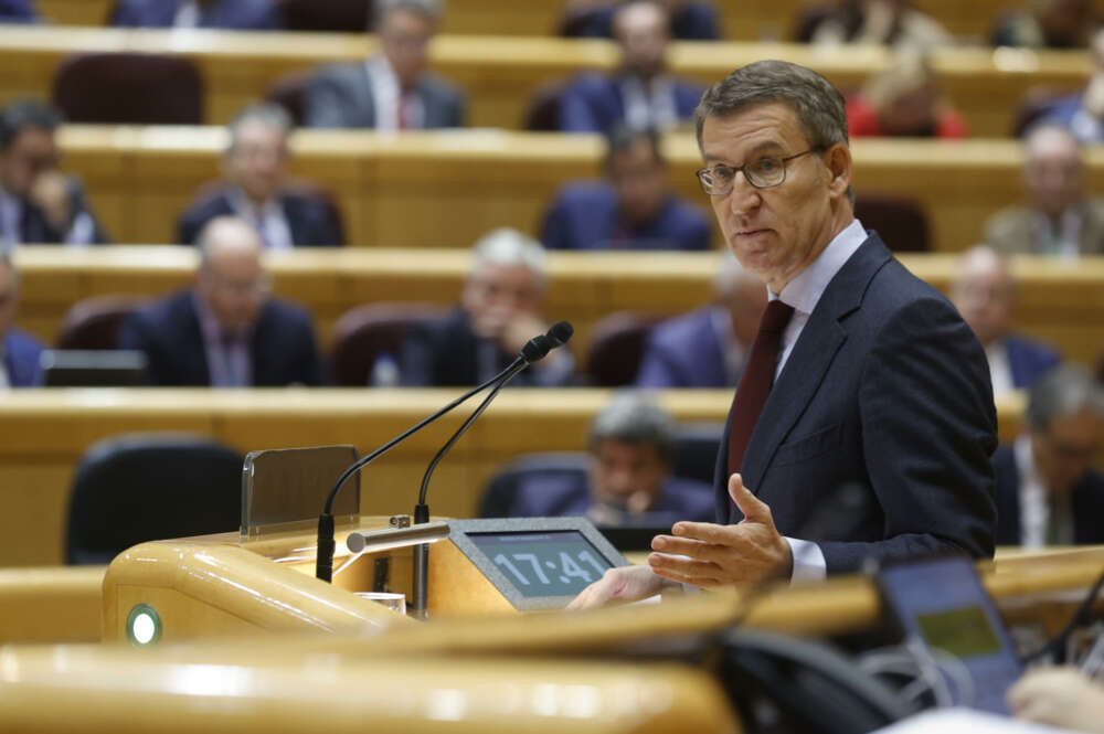 El líder del Partido Popular, Alberto Núñez Feijóo, durante el pleno celebrado el lunes pasado en el Senado. EFE/ Javier Lizón.