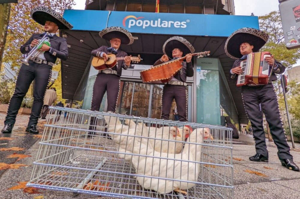 Gallinas y mariachis ante la sede del PP en la calle Génova de Madrid. Foto: Servimedia.