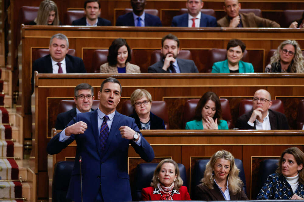 El presidente del Gobierno, Pedro Sánchez, interviene durante la sesión de control celebrada, este miércoles, en el Congreso de los Diputados. EFE/ Juan Carlos Hidalgo