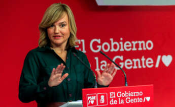 La portavoz del Comité Electoral del PSOE, Pilar Alegría, ofrece una rueda de prensa en la sede de su partido en Madrid. EFE/ Fernando Alvarado