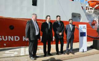 La filial de Enagás, Scale Gas, y Knutsen inauguran el primer barco de suministro de GNL que se construye en España y que tendrá como puerto base Barcelona. Foto: Enagás.