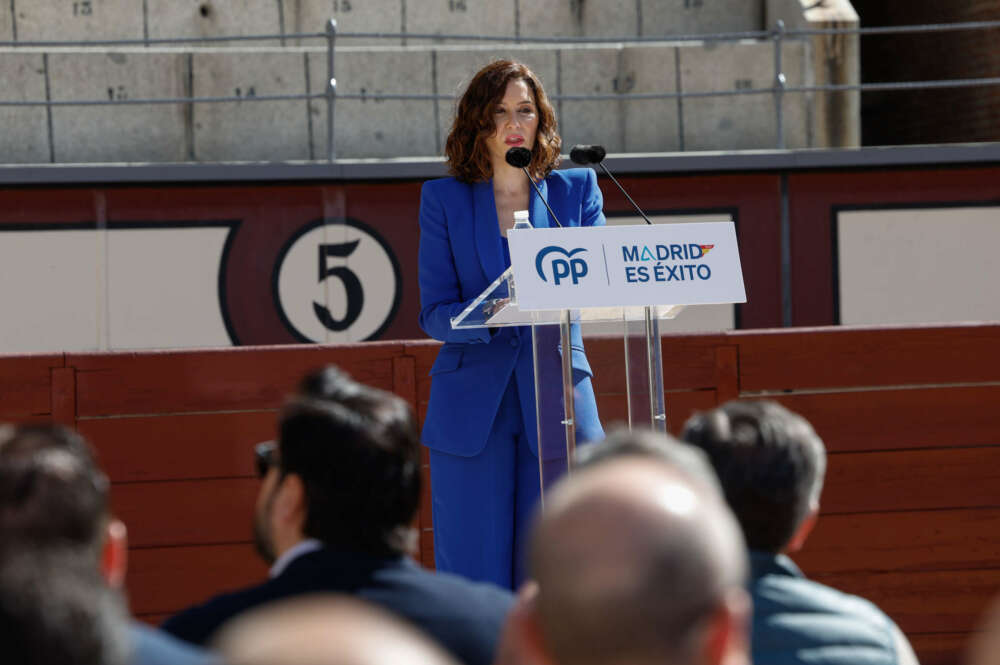 MADRID, 13/04/2023.- La presidenta de la comunidad de Madrid, Isabel Díaz Ayuso, interviene este jueves en la plaza de las Ventas en Madrid con motivo de la presentación de los candidatos del PP a las alcaldías de los 179 municipios que conforman la comunidad. EFE/ Chema Moya