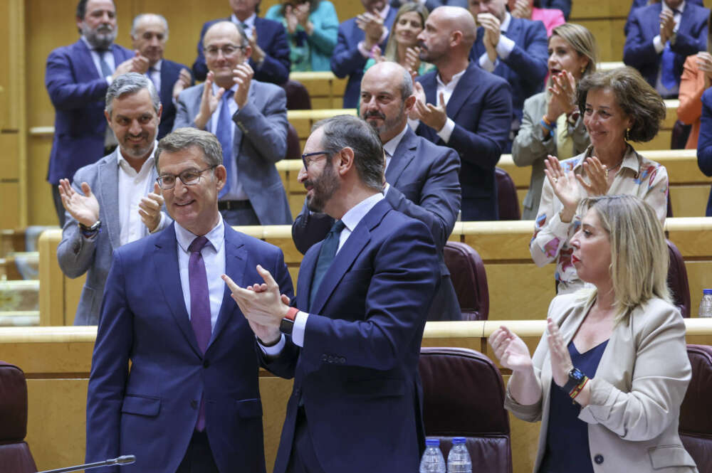 MADRID, 16/05/2023.- El presidente del Partido Popular, Alberto Núñez Feijóo (i) junto al portavoz de la formación en la cámara alta, Javier Maroto (c), en la sesión de control celebrada este martes en el pleno del Senado, en Madrid. EFE/ Kiko Huesca