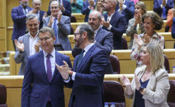 MADRID, 16/05/2023.- El presidente del Partido Popular, Alberto Núñez Feijóo (i) junto al portavoz de la formación en la cámara alta, Javier Maroto (c), en la sesión de control celebrada este martes en el pleno del Senado, en Madrid. EFE/ Kiko Huesca