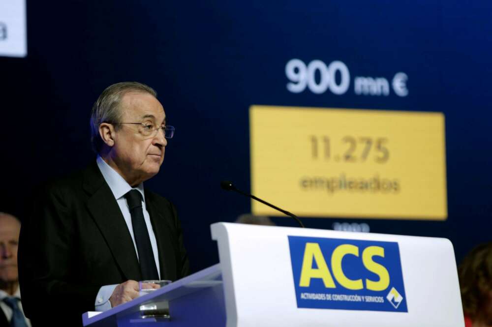 GRAF7753. MADRID, 10/05/2019.- El presidente de ACS, Florentino Pérez, durante su intervención en la junta de accionistas de la compañía, este viernes en Ifema, en Madrid. ACS mantiene su objetivo de cerrar 2019 con un crecimiento del beneficio del 10 %, hasta los 1.000 millones de euros, según su presidente, que ha apuntado que los ingresos subirán el 5 %, hasta 38.000 millones, y ha destacado como palancas de crecimiento Abertis y las energías renovables. EFE/ Carlos Pérez