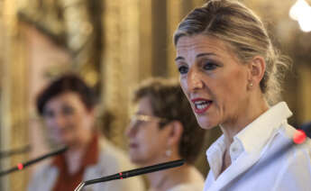 MADRID, 19/06/2023.- La vicepresidenta segunda y ministra de Trabajo y Economía Social,Yolanda Díaz, durante el "Encuentro de Ministras Iberoamericanas de Trabajo. Hacia una Internacional laborista iberoamericana", celebrado este lunes en Casa de América, en Madrid. EFE/ Zipi