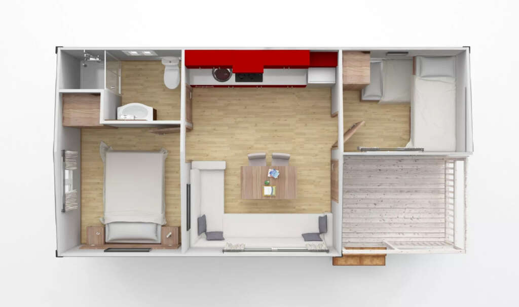 El modelo cuenta con salón, cocina, dos dormitorios y baño. Foto: Grupo Eurocasas.